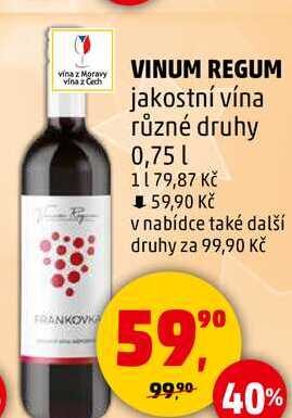 VINUM REGUM jakostní vína různé druhy, 0,75 l