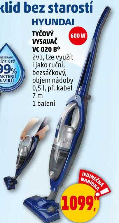 TYČOVÝ VYSAVAČ VC 020 B, 2v1, lze využít 600 W i jako ruční, bezsáčkový, objem nádoby 0,5 l, př. kabel 7 m, 1 balení 