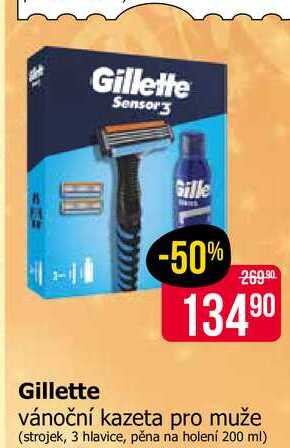 Gillette vánoční kazeta pro muže (strojek, 3 hlavice, pěna na holení 200 ml) 