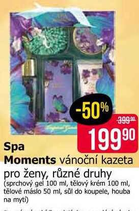 Spa Moments vánoční kazeta pro ženy, různé druhy (sprchový gel 100 ml, tělový krém 100 ml, tělové máslo 50 ml, sůl do koupele, houba na mytí) 