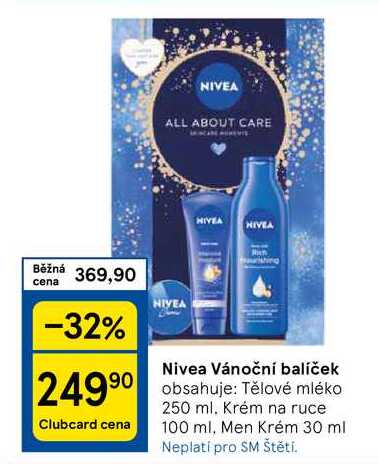 Nivea Vánoční balíček obsahuje: Tělové mléko 250 ml. Krém na ruce 100 ml, Men Krém 30 ml 