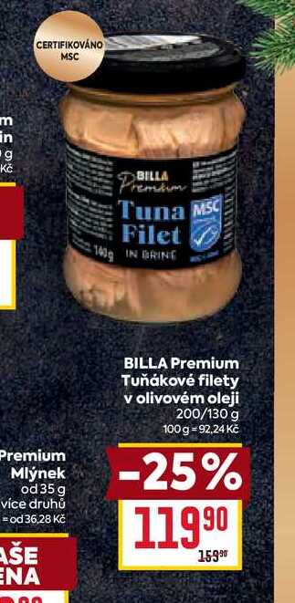 BILLA Premium Tuňákové filety v olivovém oleji 200/130 g  