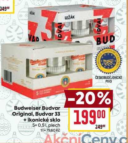 Budweiser Budvar Original, Budvar 33 + ikonické sklo 5x 0,51, plech