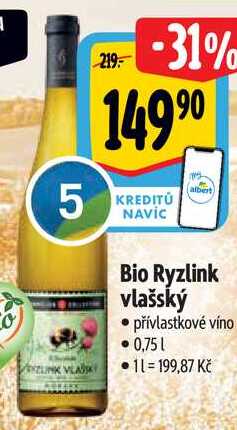 Bio Ryzlink vlašský, 0,75 l