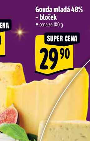 Gouda mladá 48% - bloček, cena za 100 g 