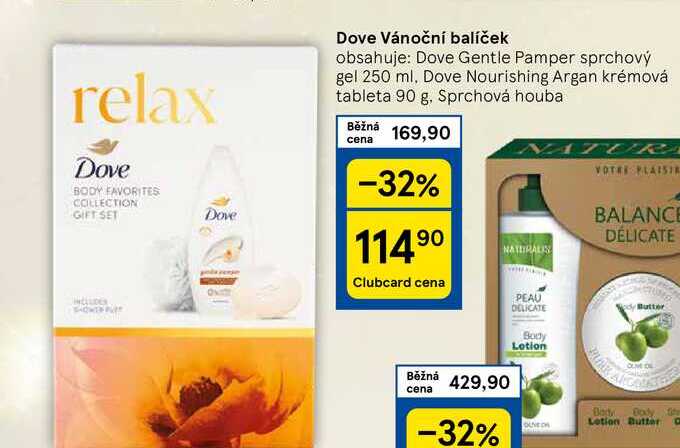 Dove Vánoční balíček obsahuje: Dove Gentle Pamper sprchový gel 250 ml, Dove Nourishing Argan krémová tableta 90 g. Sprchová houba 