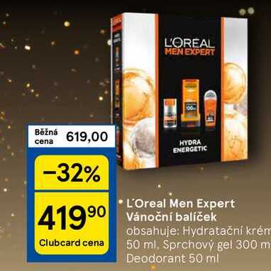 L'Oreal Men Expert Vánoční balíček obsahuje: Hydratační krém 50 ml. Sprchový gel 300 m Deodorant 50 ml 