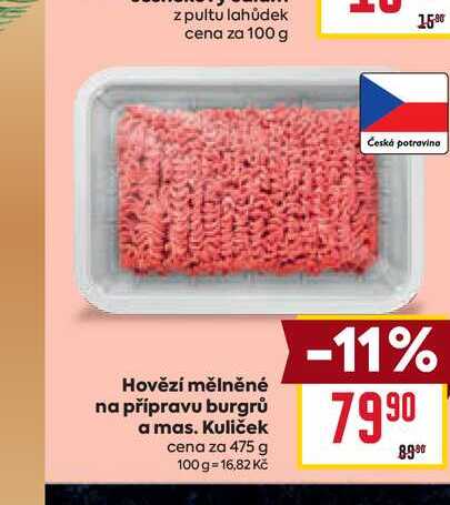 Hovězí mělněné na přípravu burgrů a mas. Kuliček cena za 475 g 