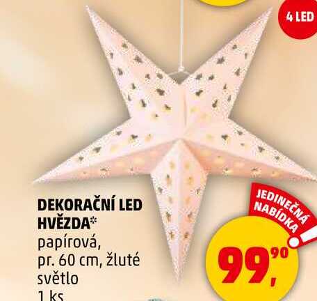 DEKORAČNÍ LED HVĚZDA papírová, pr. 60 cm, žluté světlo, 1 ks 