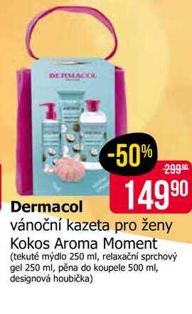 Dermacol vánoční kazeta pro ženy Kokos Aroma Moment (tekuté mýdlo 250 ml, relaxační sprchový gel 250 ml, pěna do koupele 500 ml, designová houbička) 