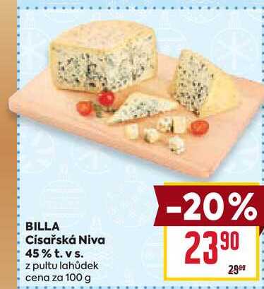 BILLA Císařská Niva 45% t. vs. z pultu lahůdek cena za 100 g 