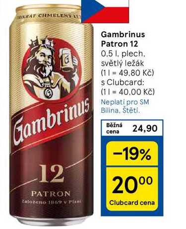 Gambrinus Patron 12, 0.5 1. plech. světlý ležák