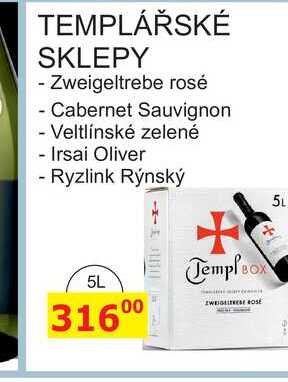 TEMPLÁŘSKÉ SKLEPY - Zweigeltrebe rosé - Cabernet Sauvignon - Veltlínské zelené - Irsai Oliver - Ryzlink Rýnský 5L 