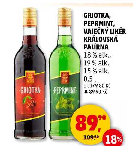 GRIOTKA, PEPRMINT, VAJEČNÝ LIKÉR KRÁLOVSKÁ PALÍRNA 18% alk., 19% alk., 15% alk., 0,5 l