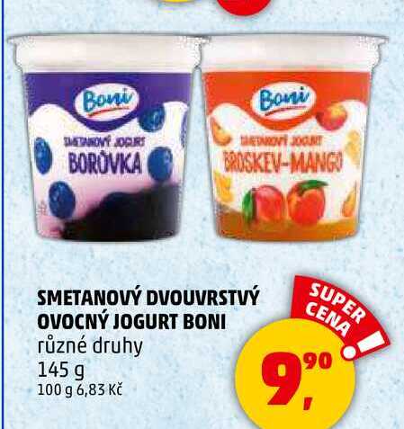 SMETANOVÝ DVOUVRSTVÝ OVOCNÝ JOGURT BONI různé druhy, 145 g 