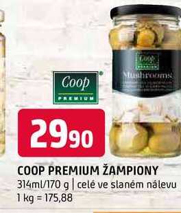 Coop premium žampiony 314ml/170 g celé ve slaném nálevu