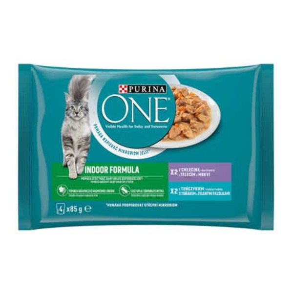 Purina ONE Indoor Mini filetky s tuňákem a zelenými fazolkami/s telecím a mrkví 4x85g