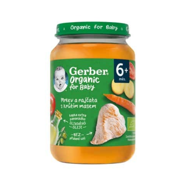 Gerber Organic dětský příkrm mrkev a rajčata s krůtím masem