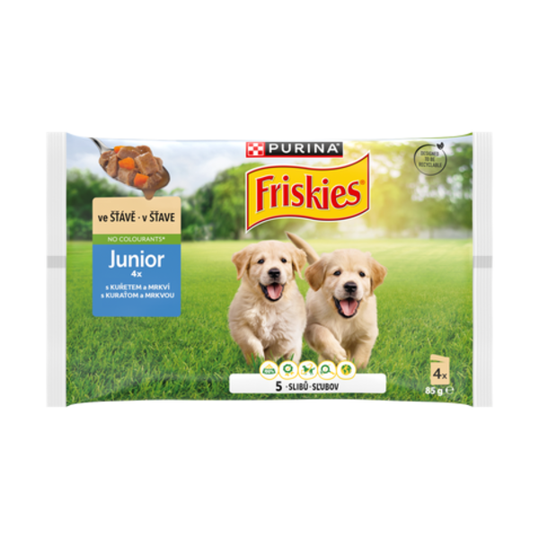 Friskies Junior multipack 4x85 g s kuřetem a mrkví ve šťávě