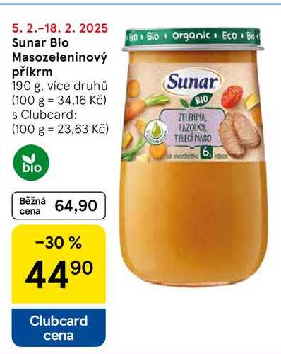 Sunar Bio Masozeleninový příkrm, 190 g, více druhů 