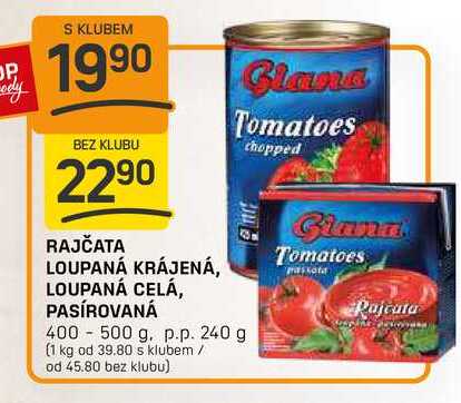 RAJČATA LOUPANÁ KRÁJENÁ, LOUPANÁ CELÁ, PASÍROVANÁ 400 500 g. p.p. 240 g 