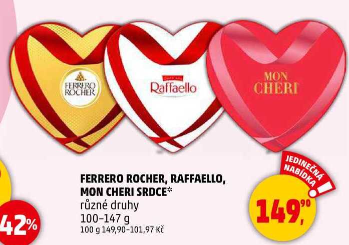 FERRERO ROCHER, RAFFAELLO, MON CHERI SRDCE různé druhy 42%, 100-147 g  