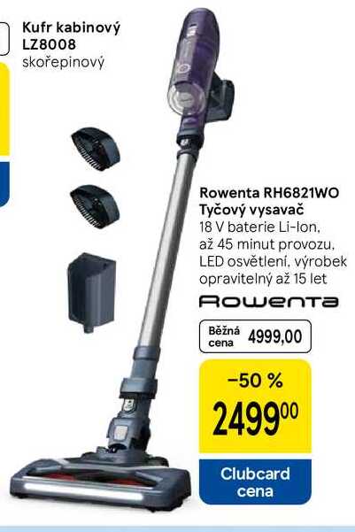 Rowenta RH6821WO Tyčový vysavač, 18 V baterie Li-Ion, až 45 minut provozu, LED osvětlení