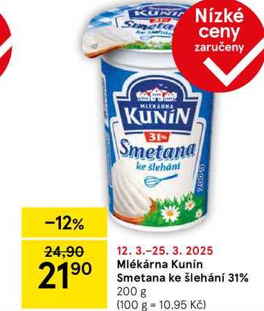 Mlékárna Kunín Smetana ke šlehání 31%, 200 g 