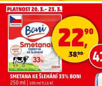 SMETANA KE ŠLEHÁNÍ 33% BONI, 250 ml  
