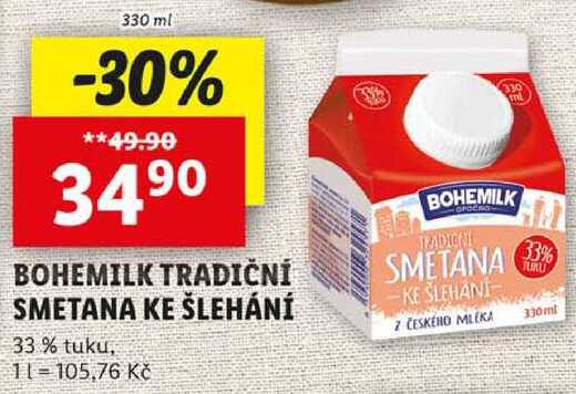 Bohemilk tradiční smetana ke šlehání, 330 ml v akci