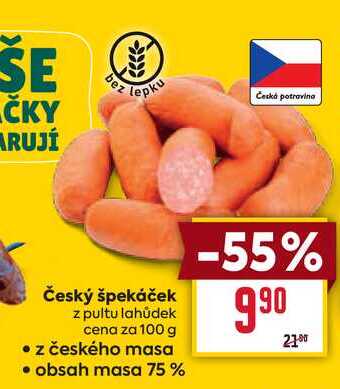Český špekáček z pultu lahůdek cena za 100 g 