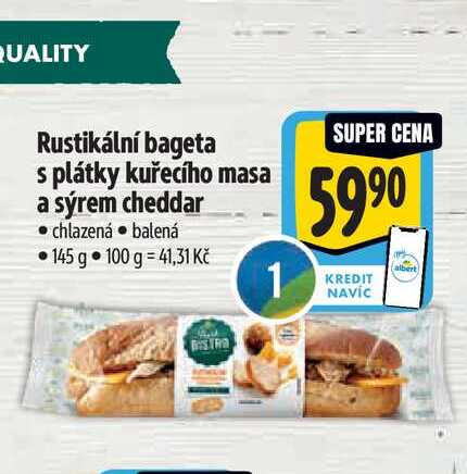 Rustikální bageta s plátky kuřecího masa a sýrem cheddar chlazená balená 145 g