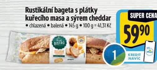 Rustikální bageta s plátky kuřecího masa a sýrem cheddar, 145 g