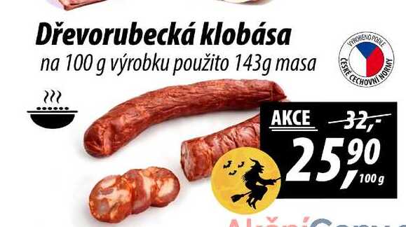 Dřevorubecká klobása na 100 g výrobku použito 143g masa, 100 g
