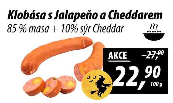 Klobása s Jalapeño a Cheddarem 85% masa + 10% sýr, 100 g 
