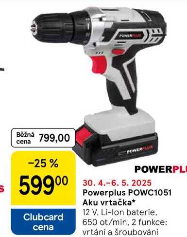 Powerplus POWC1051 Aku vrtačka, 12 V, Li-Ion baterie, 650 ot/min, 2 funkce: vrtání a šroubování 