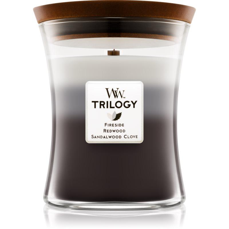 Woodwick Trilogy Warm Woods vonná svíčka s dřevěným knotem 275 g