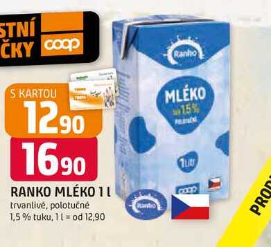RANKO MLÉKO 1l trvanlivé, polotučné 1,5% tuku