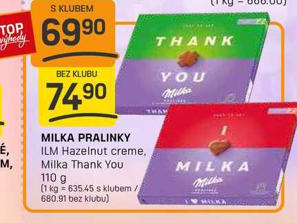 MILKA PRALINKY ILM Hazelnut creme, Milka Thank You 110 g