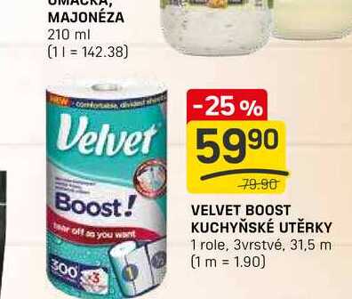 VELVET BOOST KUCHYŇSKÉ UTĚRKY 1 role, 3vrstvé, 31,5 m 