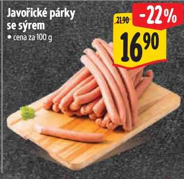 Javořické párky se sýrem, cena za 100 g