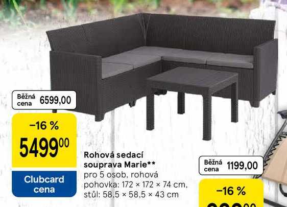 Rohová sedací souprava Marie, pro 5 osob, rohová pohovka: 172x172 × 74 cm, stůl: 58,5 × 58.5 x 43 cm 