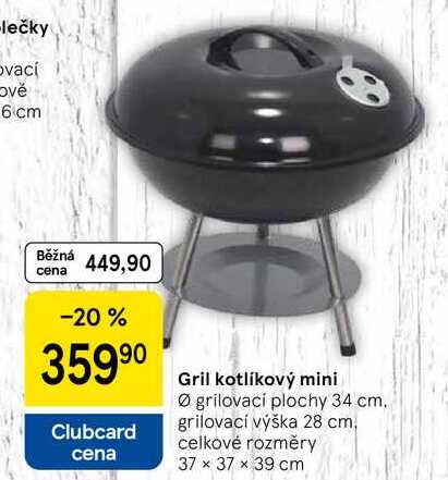 Gril kotlíkový mini, Ø grilovací plochy 34 cm. grilovací výška 28 cm, celkové rozměry 37 × 37 x 39 cm 