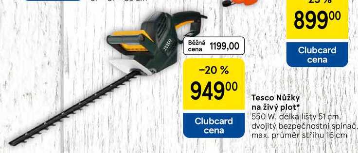 Tesco Nůžky na živý plot 550 W. délka lišty 51 cm. dvojitý bezpečnostní spínač, max. průměr střihu 16 cm 