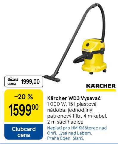 Kärcher WD3 Vysavač 1000 W, 15 I plastová nádoba, jednodílný patronový filtr, 4 m kabel. 2 m sací hadice 