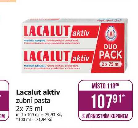 Lacalut aktiv zubní pasta 2x 75 ml 