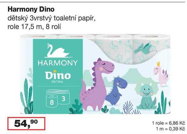 Harmony Dino dětský 3vrstvý toaletní papír, role 17,5 m, 8 rolí 