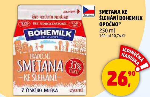 SMETANA KE ŠLEHÁNÍ BOHEMILK OPOČNO, 250 ml 