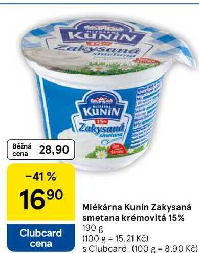 Mlékárna Kunín Zakysaná smetana krémovitá 15%, 190 g  