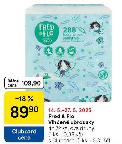 Fred & Flo Vlhčené ubrousky, 4x 72 ks, dva druhy 